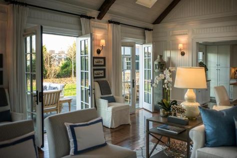 HGTV 2015 Dream House: A Classic Cape on Martha's Vineyard - Linda Merrill Cape Cod Architecture, Hgtv Dream Homes, Double French Doors, French Country Living Room, Hgtv Dream Home, French Doors Patio, Country Living Room, Coastal Interiors, Family Room Design