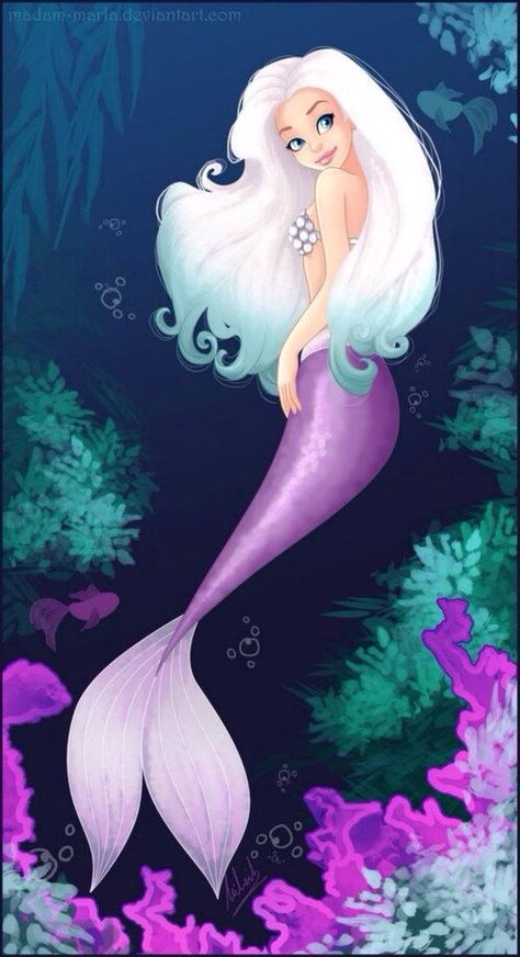 Mermaid white hair purple tail art Evvi Art, All Out Anime, Mermaid Fairy, Mermaid Drawings, Real Mermaids, Mermaid Tale, Mermaids And Mermen, Mermaid Life, Beautiful Mermaids