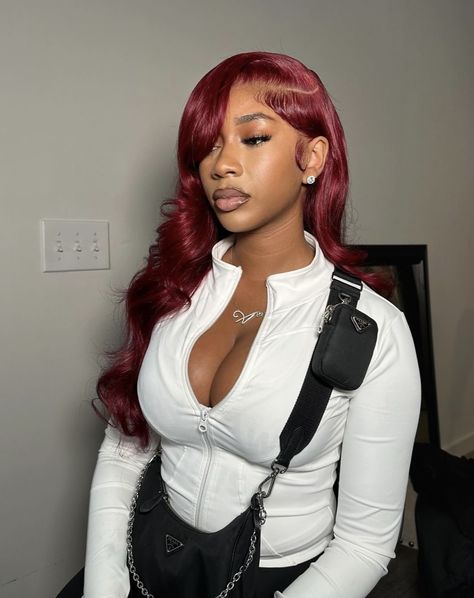 Blonde N Red Hair, 99j Lace Front Wig Styles, Burgundy Wig Side Part, Burgundy Wig Black Women, Red Hair Quick Weave, Hairstyles With Curled Hair, Burgundy Wig, Hair And Skin Vitamins, Frontal Wig Hairstyles