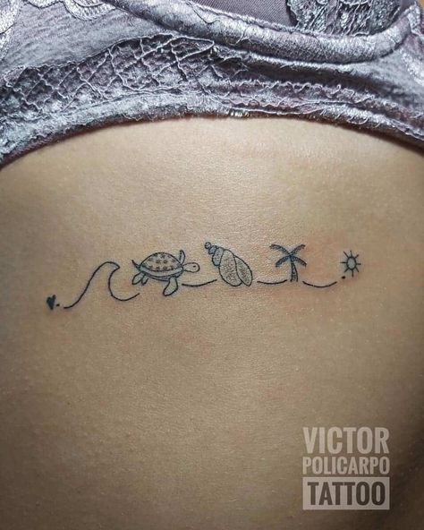 Beach Themed Tattoos Minimalist, Tattoo Images Drawings, Beach Family Tattoo Ideas, Sister Tattoos Beach Theme, Beach Heartbeat Tattoo, Sea Turtle Palm Tree Tattoo, Matching Tattoos Beach Theme, Island Life Tattoo Ideas, Beach Symbols Tattoo