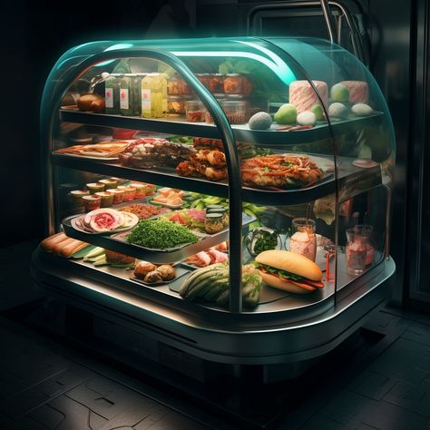 futuristic way of having food in metro inspired by plain futuristic way of food in metro interior inspired by a moving belt circulates built-in Spaceship Kitchen, Cyberpunk Food, Starfield Aesthetic, Futuristic Food, Sci Fi Ships, Cyberpunk Aesthetic, Dream School, Kitchen Concepts, Hydroponic Gardening