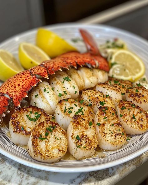 What’s your fancy dinner pick tonight? How about a luxurious dish with tender lobster and scallops drenched in garlic butter? 🦞🧄 🦞 Garlic Butter Lobster and Scallops 🧈 Ingredients: 2 lobster tails, split in half lengthwise 🦞 1 lb sea scallops (cleaned and patted dry) 4 tablespoons unsalted butter �🧈 3 cloves garlic, minced 🧄 1 tablespoon olive oil 🫒 1 tablespoon lemon juice 🍋 2 tablespoons fresh parsley, chopped 🌿 Salt and pepper to taste 🧂 Lemon wedges (for serving) 🍋 Instructions: Prepar... Garlic Butter Lobster, Butter Lobster, Sea Scallops, Lobster Tails, Lemon Wedge, Fancy Dinner, Garlic Butter, Fresh Parsley, Lemon Juice