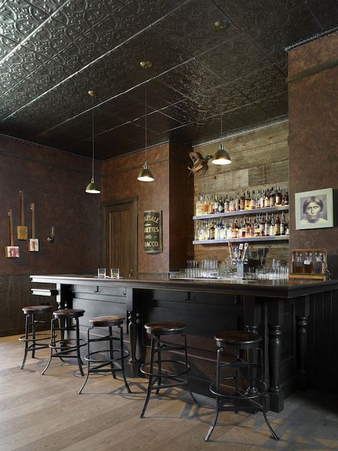 Biker Bar, Home Bar Accessories, Wine Tasting Room, Mid Century Bar, Tin Ceiling Tiles, Industrial Bar, Bar Interior, Tin Ceiling, Basement Bar