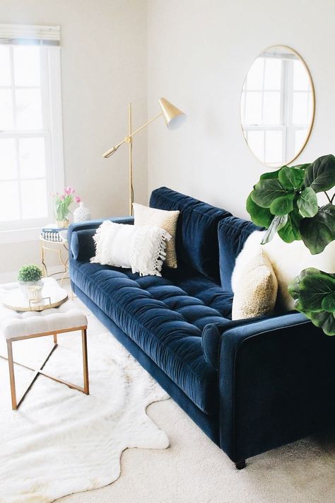 Blue Couch Living, Blue Sofa Living, Blue Velvet Couch, Blue Sofas Living Room, Blue Couch Living Room, Blue Couch, Velvet Couch, Blue Living Room, Living Room Diy