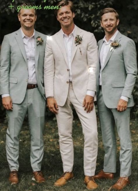 Wedding Color Schemes Bride And Groom, Men Tux Wedding Groom Outfit, Tan Groom With Grey Groomsmen, Garden Wedding Suit Grooms, Light Green Groom Suit, Ivory Groomsmen Attire, Father Of The Bride Attire Beach Wedding, Groomsmen Attire Pastel Colors, Garden Wedding Suits Men