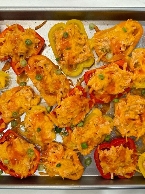 Buffalo Chicken Bell Pepper Nachos - Joy Bauer Buffalo Chicken Peppers, Chicken Bell Pepper, Bell Pepper Nachos, Pepper Nachos, Chicken Peppers, Joy Bauer, Buffalo Chicken Salad, Sweet Bell Peppers, Nonfat Greek Yogurt