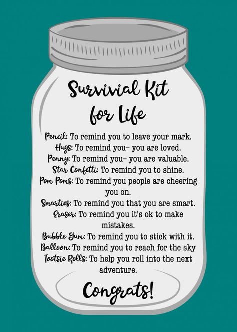 Survival Kit For Life, Graduation Survival Kit, Survival Kit Gifts, Diy Graduation Gifts, Best Graduation Gifts, Graduation Gift Ideas, Survival Supplies, High School Graduation Gifts, College Graduation Gifts