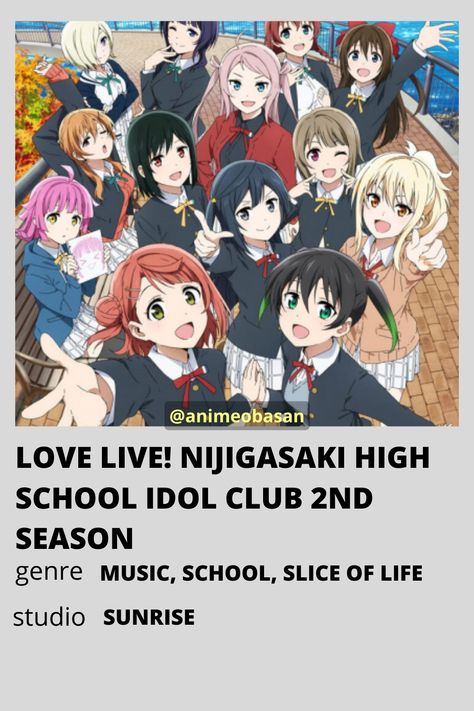 Love Live! Nijigasaki High School Idol Club 2nd Season Anime Minimalist Poster ~ Spring 2022 Anime ~ Credit : animeobasan on Instagram. Anime Watchlist, Anime Banners, Love Live Nijigasaki, Anime Minimalist Poster, Music Anime, Minimalist Posters, Club Poster, Anime Watch, Attack On Titan Eren