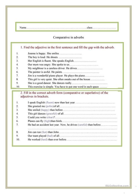 Comparative And Superlative, Adverbs Worksheet, Student Worksheet, Teaching Reading Comprehension, English Grammar Tenses, Basic Grammar, Have Fun Teaching, Icebreakers, Paragraph Writing