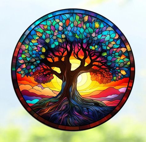 Tree of Life WINDOW CLING Faux Stained Glass Size 8 Round Repositionable Vinyl - Etsy UK Round Stained Glass Windows, Stained Glass Tree Of Life, Stained Glass Window Clings, Glass Cleaning, Indoor Window, Window Cling, Colorful Trees, Faux Stained Glass, Artwork Images