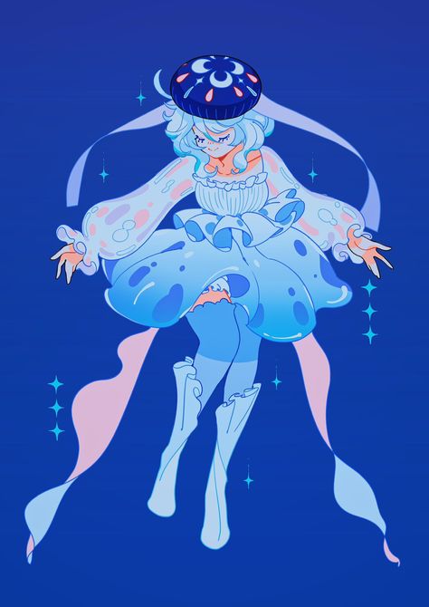 Sea Creature Fashion, Sea Angel Oc, Sea Creature Oc, Beret Design, Jellyfish Dress, Jellyfish Costume, Ocs Ideas, Jellyfish Drawing, Jellyfish Design