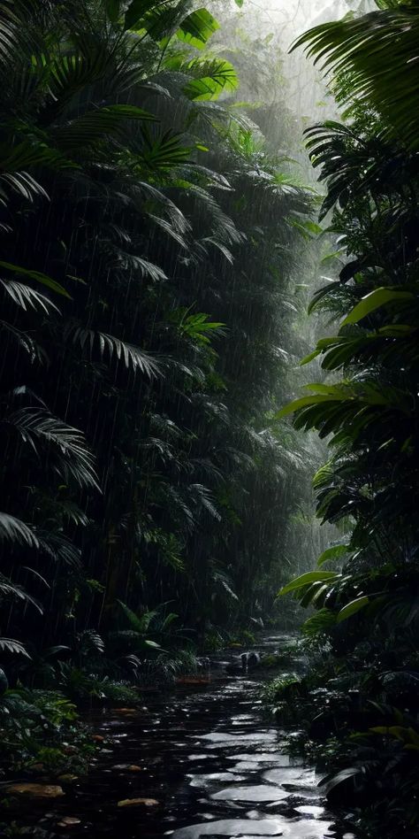 The image is a tall, narrow, vertical rectangle. It is a photo of a rainforest. The rainforest is very dense and green. The trees are tall and the leaves are large and lush. The ground is covered in plants and vines. There is a river running through the middle of the rainforest. The water is clear and there are rocks in the river. The sky is overcast and it is raining. The rain is coming down in sheets. The rainforest is very beautiful, but it is also very dangerous. There are many animals that live in the rainforest that can kill you. There are also many plants that can poison you. If you are not careful, you can easily get lost in the rainforest. Rainforest At Night, Rainforest Aesthetic, Rainforest Pictures, Tropical Garden Design, Jungle Vibes, Amazon Warrior, River Rocks, The Rainforest, Rain Forest