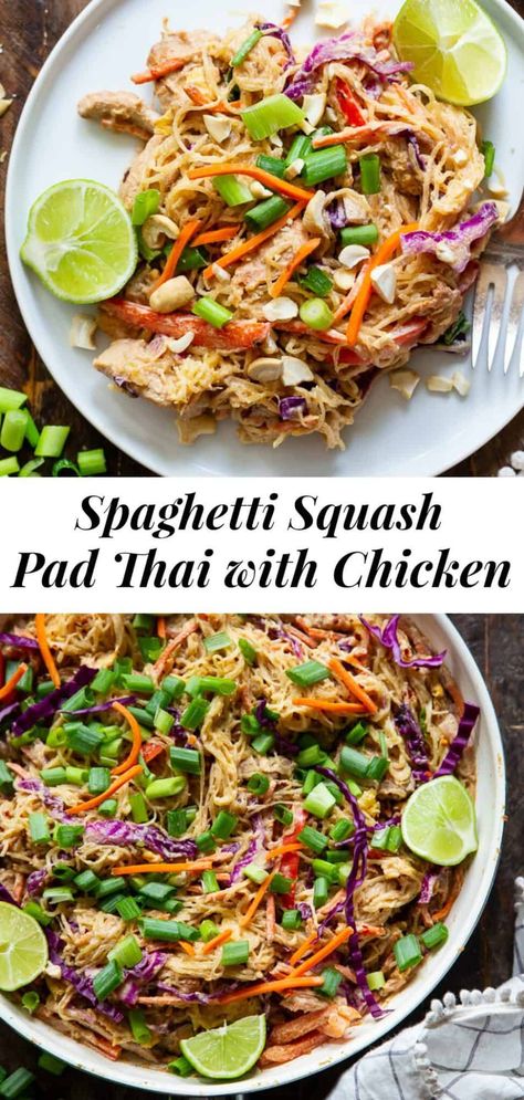 This healthier spaghetti squash pad thai is easy to make at home and packed with veggies, chicken, and a flavorful sauce.  It comes together in 30 minutes and the leftovers are perfect for lunches the next day!  Paleo, Whole30, family friendly and low carb. #paleo #whole30 #lowcarb #cleaneating Healthier Spaghetti, Chicken Spaghetti Squash Recipes, Whole30 Spaghetti Squash, Spaghetti Squash Recipes Chicken, Spaghetti Squash Pad Thai, Spaghetti Squash Recipes Healthy, Paleo Running Momma, Paleo Recipies, Scd Diet