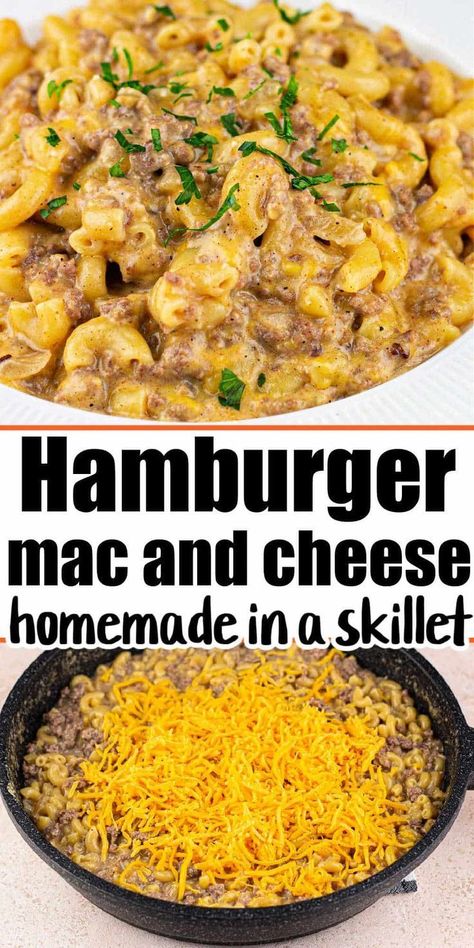 Try this homemade cheeseburger macaroni for a quick and easy dinner recipe! If you like hamburger helper, you're going to LOVE this cheap stovetop casserole!  It's packed with elbow macaroni noodles, extra cheese, beef broth, and ground beef, making this recipe a cheap and satisfying meal. Add this meaty pasta to your meal-planning menu!  It's made from scratch in one skillet, kid-friendly, and totally tasty!  Your family will love this cheesy comfort food. Recipes With Elbow Noodles, Hamburger Mac, Hamburger Hotdish, Elbow Macaroni Recipes, Hamburger Mac And Cheese, Quick Casseroles, Meal Planning Menus, Macaroni Recipes, Keto Beef Recipes