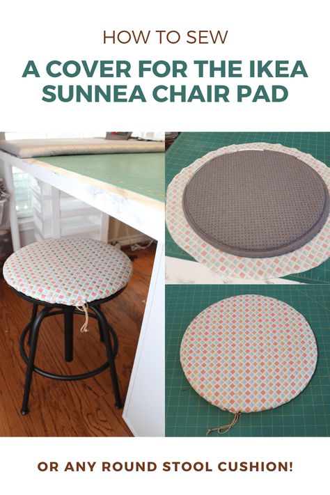 Here's how to sew a cover for the IKEA Sunnea chair pad.  This tutorial will also show the steps necessary for sewing a cover for any round stool cushion.  IKEA hacks for the win! #ikeahack #sewing #crafts #cushioncover #beginnersewing Diy Chair Cushions, Diy Ironing Board, Bar Stool Makeover, Round Cushion Cover, Diy Cushion Covers, Stool Makeover, Pillow Sewing, Circle Chair, Round Chair Cushions