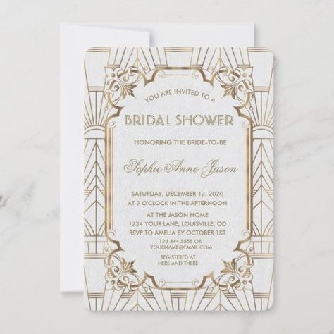 $ 3.19 | White Gold Great Gatsby Art Deco Bridal Shower #vintage art deco bridal shower, elegant bridal shower, great gatsby bridal shower, 1920s bridal shower, art deco bridal shower, roaring twenties bridal shower, vintage bridal shower, white and gold bridal shower, great gatsby white bridal shower, classy great gatsby bridal shower Bridal Shower Classy, 1920s Wedding Invitations, Gatsby Wedding Invitations, Arch Gate, Art Deco Wedding Theme, Great Gatsby Art, Art Deco Invitations, Gatsby Art, White Bridal Shower