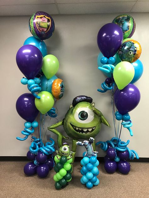 Monsters Inc Balloons, Monsters Inc Birthday Party Balloons, Monsters Inc Backdrop Party Ideas, Monster Inc Balloon Decor, Monster Inc Backdrop, Monster Balloons, Monster University Party, Monsters Inc Baby Shower, Monsters Inc Baby