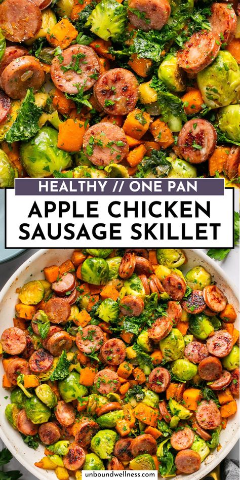 This apple chicken sausage and harvest vegetable skillet is an easy one-pan meal that’s perfect for fall! It’s paleo and whole30 friendly. Apple Chicken Sausage And Harvest Vegetable Skillet, Apple And Sausage Recipes, Chicken Apple Sausage Skillet, Trader Joe’s Chicken Sausage Recipes Dinners, Maple Chicken Sausage Recipes, Fall Sausage Sheet Pan, Apple Smoked Sausage Recipes, High Protein Chicken Sausage Recipes, Recipes With Apple Chicken Sausage