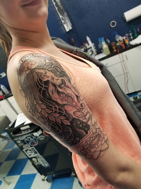 Kelpie  Tattoo made by Bill Barrett in Fort Worth,Texas  Tattoo on Natalie Jones Kelpie Tattoo, Texas Tattoo, Natalie Jones, Texas Tattoos, Dog Outline, E.t Art, Mythology Tattoos, Horse Tattoo, Tattoo Outline