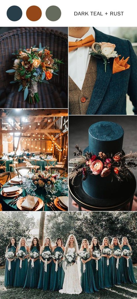 Dark Teal Wedding Colors, Teal Fall Wedding, Dark Teal Wedding, Dark Teal Weddings, Teal And Rust, Teal Wedding Colors, Dark Blue Wedding, Teal Bridesmaid, Fall Wedding Color Schemes