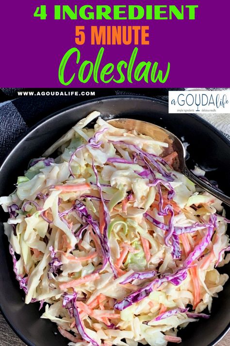 Just 4 INGREDIENTS + 5 MINUTES to the BEST Coleslaw I have ever made! Easy side dish for burgers and what to serve with pulled pork. Crispy, crunchy shredded slaw dressed in homemade creamy tangy-sweet dressing. #coleslaw #easycoleslaw #coleslawrecipes #bestsummersidedish #whattoservewithpulledpork #whattoservewithburgers #homemadecoleslaw #easyhomemadecoleslaw #agoudalife Creamy Parmesan Rice, Chicken Coleslaw, Cheesy Cauliflower Casserole, Cornish Game Hen Recipes, Parmesan Rice, Best Coleslaw, Best Coleslaw Recipe, Burger Side Dishes, Cornish Hen Recipe