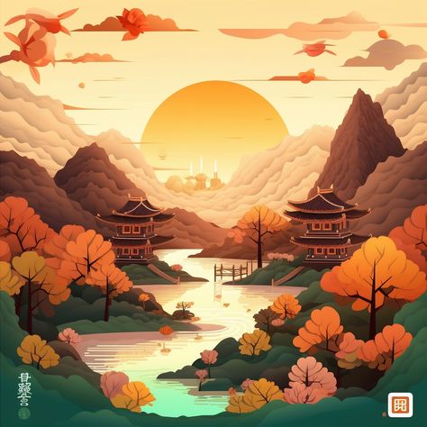 Japanese Landscape Illustration, Easter Europe, Japanese Sunset, Vector Landscape, Japan Landscape, San Paolo, Visiting Card Design, Art Basics, Illustrations Art