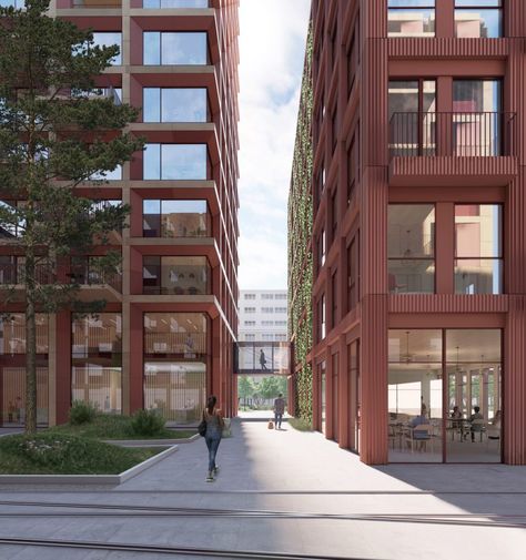 The buildings' exteriors will be clad in red and yellow terracotta bricks with green detailing to reflect and mimic the red roofs and yellow brick of the area's surrounding buildings. Brick Apartment, Plaza Design, Danish Architecture, Timber Buildings, Building Roof, Timber Structure, Timber Construction, Red Roof, Building Structure