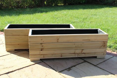 2 METRE LARGE WOODEN GARDEN TROUGH PLANTERS MADE IN DECKING BOARDS PLANT POTS | eBay Garden Trough Planters, Bamboo Planters, Wooden Flower Boxes, Garden Sitting Areas, Garden Troughs, Decking Ideas, City Gardens, Decking Boards, Deck Planters