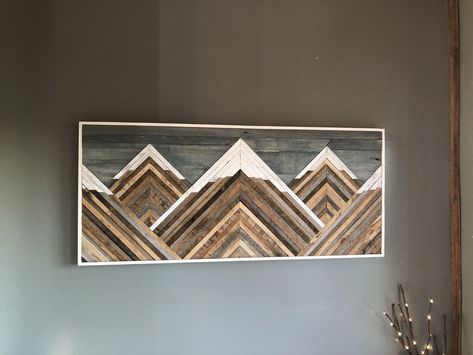 "This mountain range wood patterned wall art is a favorite. It is made with reclaimed wood. I carefully choose each piece to give the mountains the most enhancing and rustic look as possible. Snowpeak mountains. Each piece is completely one of a kind. This is a perfect piece for any outdoors lover! It adds a touch of charm along with an artistic mosaic feel to your home. It has five mountains with varied reclaimed wood providing natural colors. DETAILS Measures 36.5\" by 16\" If you need a custo Mountain Wood Art, Farm Wall Art, Patterned Wall, Mountain Pictures, Wood Wall Art Diy, Wood Art Projects, Mountain Decor, Reclaimed Wood Art, Rustic Wood Walls