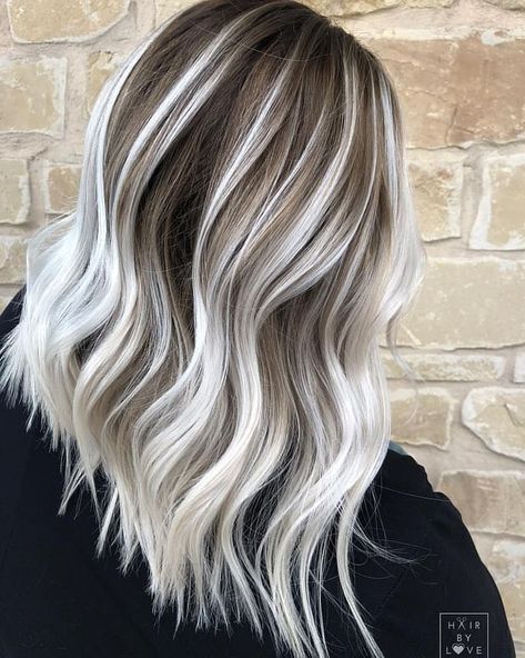 * Snow White ... by @hair_by_love ・・・ This babe has all the hair goals!!! 😍 We’ve been doing all white for about 2 years and @jessica20415 wanted to try something a little lower maintenance. How gorgeous is this reverse balayage!? Used all @redken for this creation!! . . . . . #platinumblonde #shadowroot #behindthechair #btchair_by_love #dimensionalblonde #haircolor #austinhair #balayagehair #redken #olaplex #whiteblonde #btcolaplex #btcredken Medium To Long Hairstyles, Medium Ombre Hair, Blonde Ombre Hair, Pastel Ombre, Medium Long Hair, Hair Balayage, Short Hair Balayage, Ombre Hair Color, Brown To Blonde