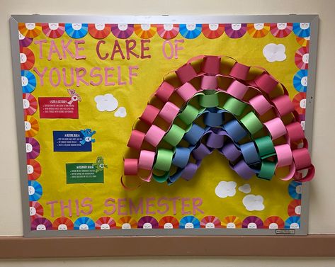 #residentadvisor #collegelife #dormlife #bulletinboardideas #carebears #aesthetic #yellow #rainbow #selfcare Care Bear Classroom Theme, Care Bear Bulletin Board, Care Bear Classroom, Bear Classroom Theme, Bear Bulletin Board, Ra Boards, Door Decs, Aesthetic Yellow, Dorm Life