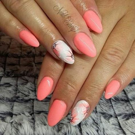 Coral Nails With Flowers, Nails Shape Almond, Vacation Nails Almond Shape, Coral Nails With Design, Nails With Flowers, Almond Shaped Nails Designs, Nails Almond Shape, Acrylic Nails Almond Shape, Nail Design Glitter