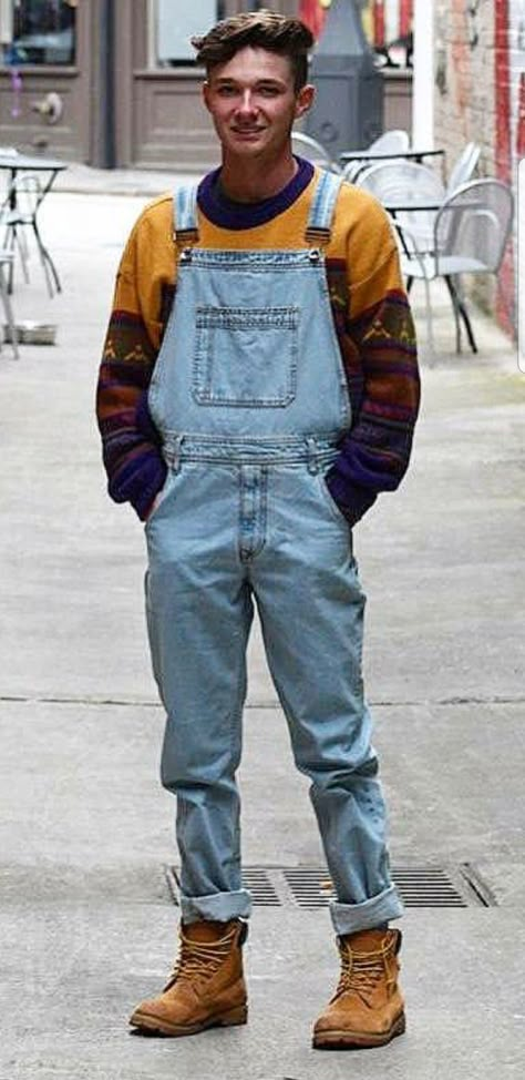 Teen fashion 90s Men Fashion Aesthetic, Guys In Overalls, Funky Clothes Men, Overalls Men Fashion 90s, Trans Guy Fashion, Bisexual Men Fashion, Guy In Overalls, 80s Guys Fashion, Dungarees Outfit Men