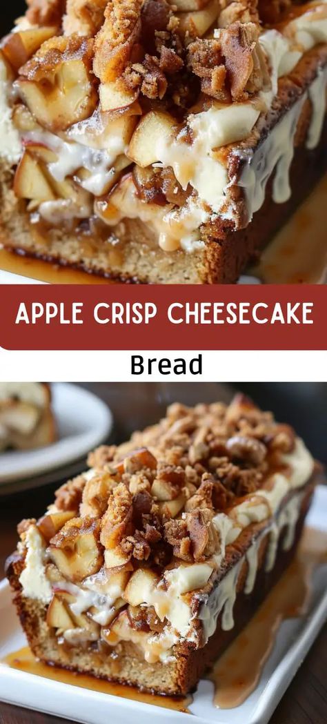 Apple Crisp Cheesecake Bread Apple Cheesecake Bread, Cheesecake Apple Crisp, Cheesecake Bread, Cold Oats, Apple Crisp Cheesecake, Crisp Topping, Cheesecake Layer, Cream Cheese Bread, Apple Cheesecake