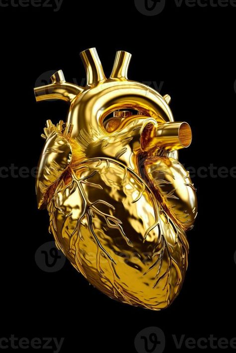 Golden human heart on black background with clipping path to the heart. Generative AI Golden Heart Aesthetic, Golden Heart Wallpaper, Human Heart Art, Wallpaper Template, Bengali Art, Heart Artwork, Heart Poster, Bee Tattoo, Going For Gold