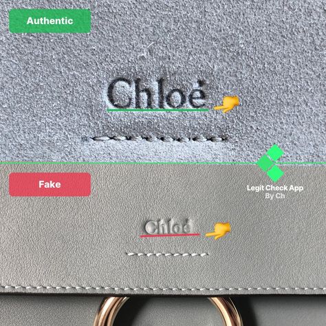 In the real vs fake Chloe bag image above, we have pointed out how the fake Chloe Faye bag has its text improperly positioned on the bag.  We drew a green line to point out the placement of the authentic “Chloe” text, and a red line to show you how the fake Chloe bag’s text is positioned.  In fact, you can easily notice how the counterfeit Chloe Faye bag has its “Chloe” stamped text crookedly positioned compared to the stitching line below the text. Chloe Faye Bag, Fake Vs Real, Faye Bag, Bag Guide, Chloe Faye, Chloe Bag, The Text, Chloe, The Bag