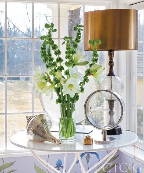 Step Inside Home Accessories Designer Joanna Buchanan’s Bright and Modern Home - Cottages & Gardens Good Earth India, Joanna Buchanan, Hamptons New York, Cane Back Chairs, Brass Light Fixture, Ottoman Cover, Dream Cottage, Little Cottage, Brass Lighting