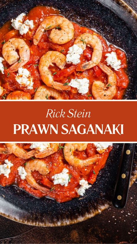 Rick Stein Prawn Saganaki Prawn Saganaki, Rick Stein Recipes, Fresh Prawns, Rick Stein, Ouzo, Prawn Recipes, Chefs Table, Greek Recipes, Red Onion