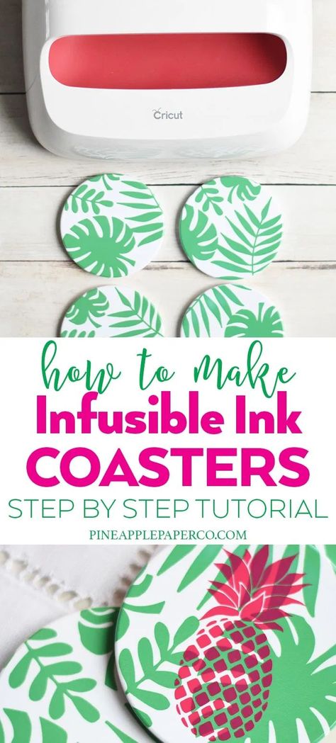 Make AMAZING Durable and Vivid DIY Projects with Professional Results with Cricut Infusible Ink! Learn How to Make Cricut Infusible Ink Coasters with Cricut Maker, Cricut EasyPress 2, and Cricut Infusible Ink Transfer Sheets by Pineapple Paper Co. #ad #cricut #cricutmade #madewithmichaels #cricutcreated #infusibleink #diycoasters #sublimation Coasters Cricut, Coasters With Cricut, Paper Projects Diy, Infusible Ink Transfer Sheets, Cricut Explore Projects, Invisible Ink, Transfer Sheets, Maker Project, How To Make Coasters