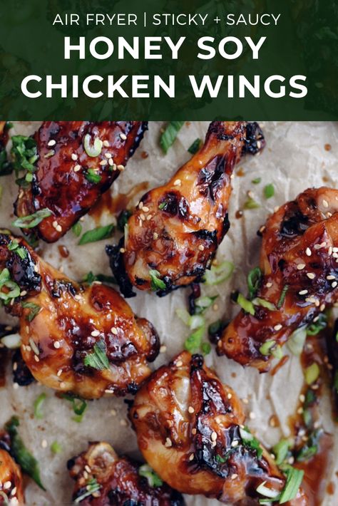 Saucy, sticky, glossy-with-glaze, Honey Soy Chicken Wings. Made easier in the Air Fryer! #chickenwings #airfryer #easychickenwings #airfryerchickenwings #dinnerrecipe Soy Chicken Wings, Honey Soy Chicken Wings, Asian Chicken Wings, Honey Chicken Wings, Easy Chicken Wings, Glazed Chicken Wings, Honey Soy Chicken, Soy Chicken, Air Fryer Chicken Wings