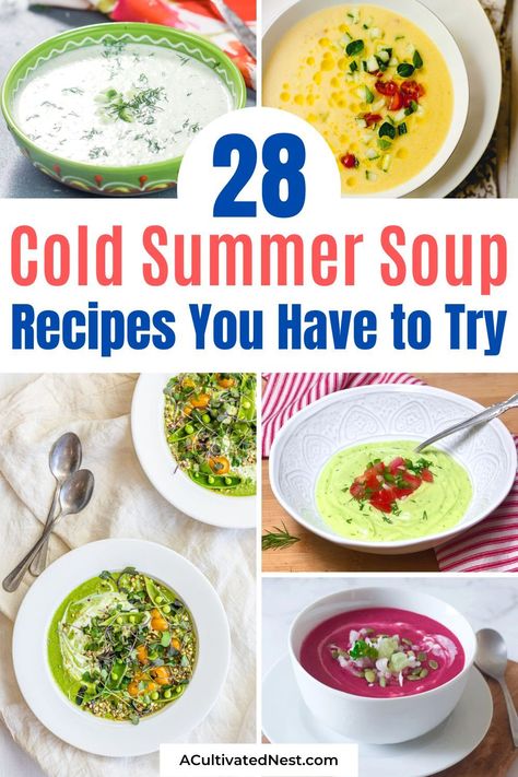 28 Cool Summer Soup Recipes to Try- Want a delicious and refreshing meal this summer? Then you should try one of these cool summer soup recipes! Cold soups are a unique and tasty treat! | #coolSoups #soupRecipes #summerRecipes #recipes #ACultivatedNest Cold Soup Recipes Summer, Watermelon Gazpacho Recipe, Watermelon Soup, Summer Soup Recipes, Cold Soup Recipes, Cold Soups, Fruit Soup, Avocado Soup, Gazpacho Recipe