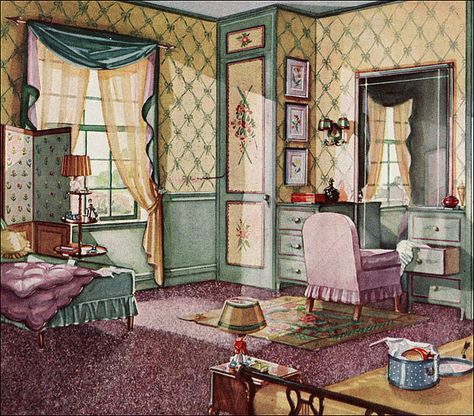 1930 Bedroom - Armstrong Linoleum by American Vintage Home, via Flickr 1930 Bedroom, Vintage Dressing Rooms, 1920 House, 1920s Home Decor, 1920s Interior, 1920s Decor, Old House Interior, Vintage House Plans, Living Vintage