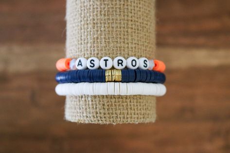 Astros World Series, Heishi Bead Bracelet, Baseball Accessories, Houston Astros Baseball, Gold Bar Bracelet, Astros Baseball, Bracelet Stacks, Clay Bracelet, Accessories Gold