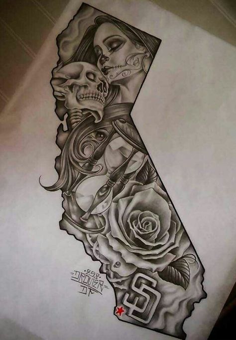 Cali                                                                                                                                                                                 More Skull Face Tattoo, San Diego Tattoo, Chicanas Tattoo, Design Your Own Tattoo, Catrina Tattoo, California Tattoo, Gangsta Tattoos, Prison Art, Chicano Tattoo