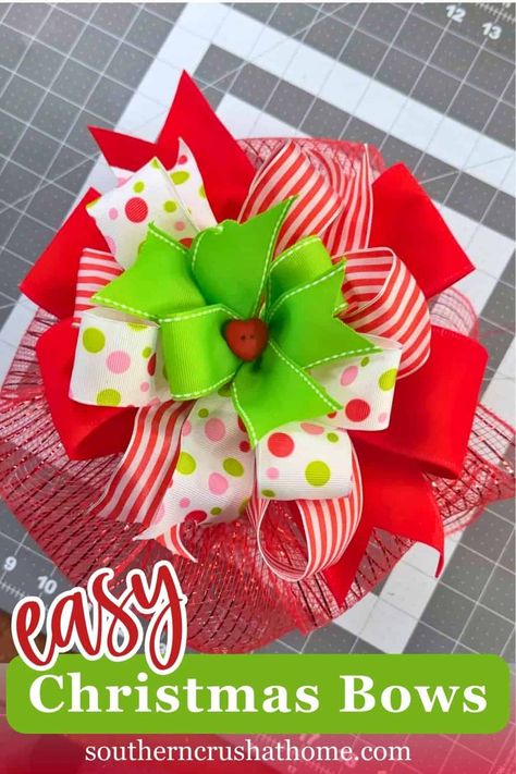 How To Make A Bow With Wired Ribbon Diy, Christmas Present Bows Diy, Gift Bows Diy Ribbon Easy, Christmas Bow Ideas, Multi Ribbon Bow Tutorial, Diy Christmas Bows, Ez Bow Maker, Grinch Bow, Deco Mesh Bows