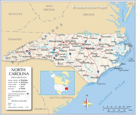 Nations Online Project - About North Carolina, the state, the landscape, the people. Images, maps, links, and background information Map Of North Carolina, North Caroline, Nc Map, North Carolina Map, Pisgah National Forest, North America Map, State Capital, Las Vegas City, Printable Maps