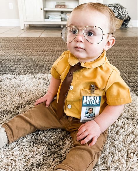 Baby Dwight Schrute Costume, Old Man Baby Costume, Boy Diy Costume, Dwight Shrute Costume, Risky Business Costume, The Office Costumes, Office Halloween Costumes, Family Themed Halloween Costumes, Movie Character Costumes