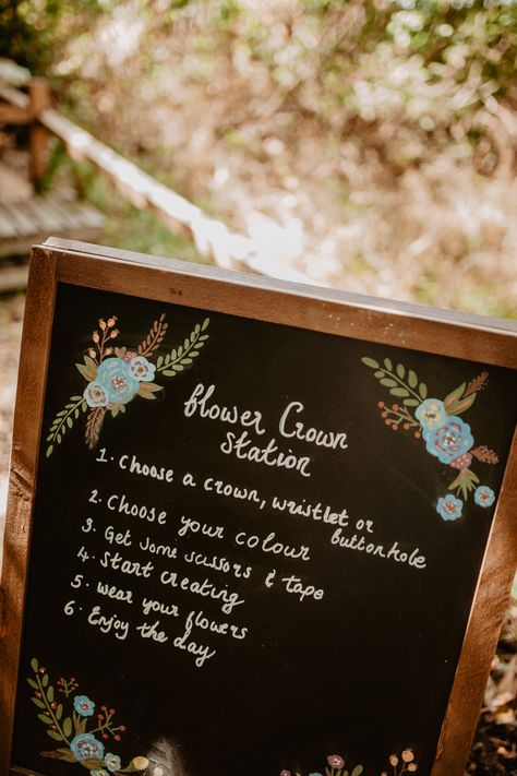 Flower Crown Station, Diy Flower Crown Wedding, Flower Crown Bar, Old Medicine Bottles, Crown Baby Shower, Glitter Bar, Boho Wedding Dress Bohemian, Forest Baby Showers, Wedding Chalkboard Signs