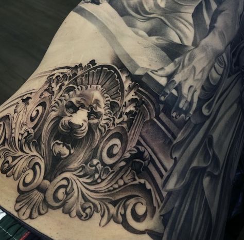 Lion Statue Tattoo, Statue Tattoo Design, Religious Tattoo Sleeves, Aztec Tattoos Sleeve, Chest Tattoo Drawings, Aztec Tattoos, Archangel Tattoo, Lion Statue, Blue Rose Tattoos