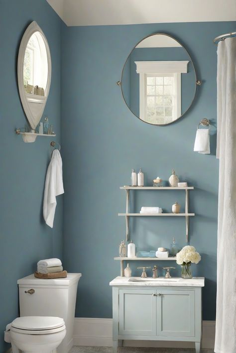 home decor interior design, interior bedroom design, designer wall paint, home paint colors Bathroom Wall Paint Colors, Bathroom With Blue Walls, Blue Bathroom Paint, Walnut Wood Kitchen, Energy Colors, Blue Bathroom Walls, Eclectic Bathroom Design, Paint Guide, Blue Painted Walls